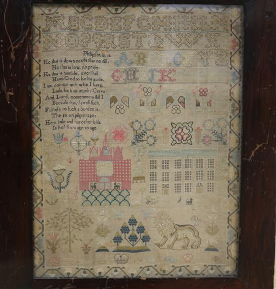 An early 19th century needlework sampler with alphabet, houses, lion, flowers and other motifs, dated 1805, 41 x 31.5cm